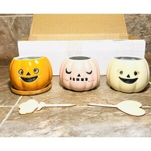 Set Of 3 Pumpkin Ceramic Planter Succulent Pots Halloween Fall Decor Harvest